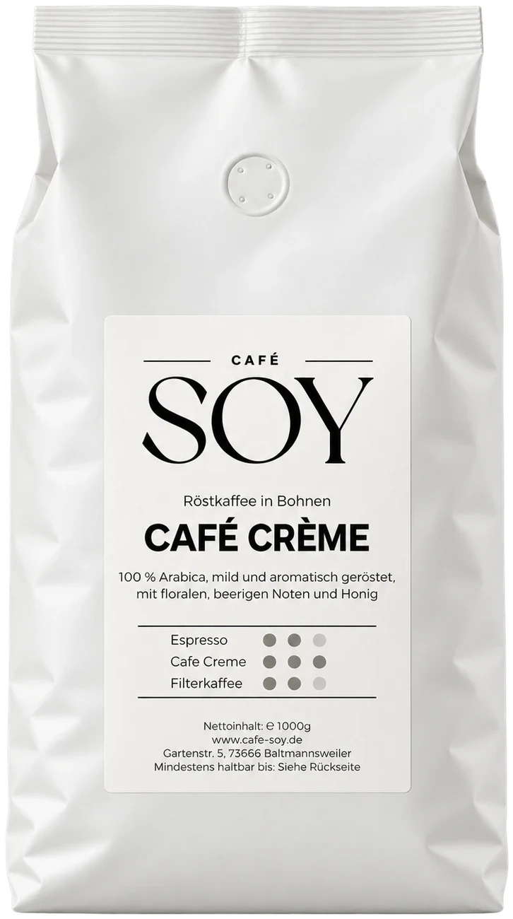 Weiße Kaffeetüte Café SOY Café Crème mit weißem Etikett, Röstkaffee in Bohnen