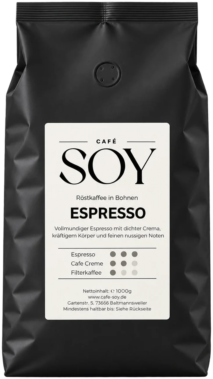 Schwarze Kaffeetüte Café SOY Espresso mit weißem Etikett, Röstkaffee in Bohnen